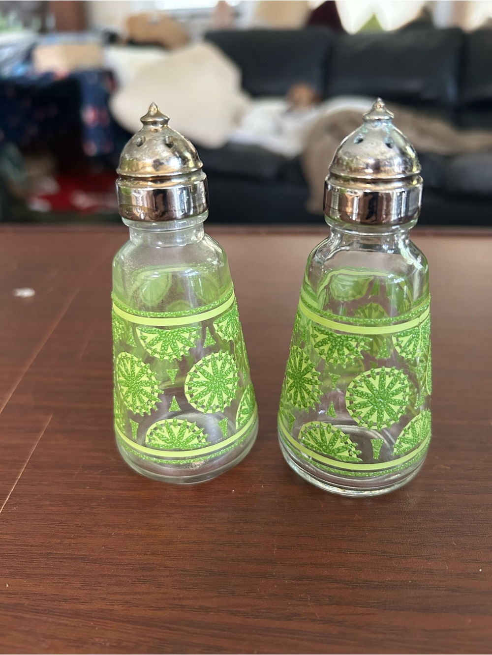 Vintage Glass Salt & Pepper Shakers /Neon Green Pattern, designed by Pasinski